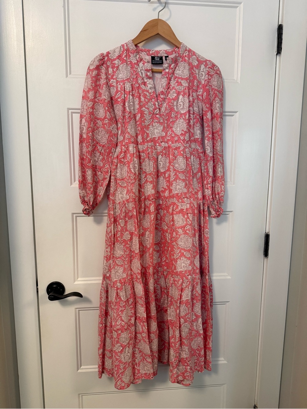 Madison Matthews Pink Floral Tiered Midi Dress